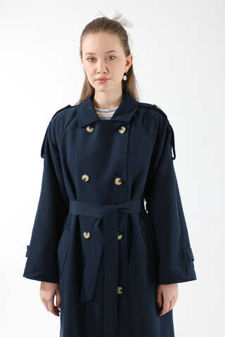 Apolet Detaylı Uzun Trenç Lacivert - 5