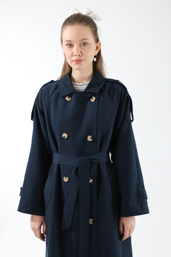 Apolet Detaylı Uzun Trenç Lacivert - 5