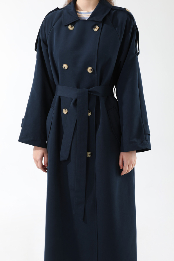 Apolet Detaylı Uzun Trenç Lacivert - 8