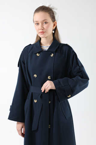 Apolet Detaylı Uzun Trenç Lacivert - 12