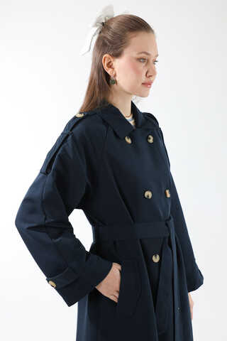 Apolet Detaylı Uzun Trenç Lacivert - 7