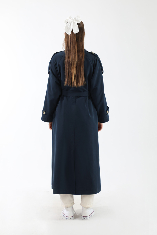 Apolet Detaylı Uzun Trenç Lacivert - 14