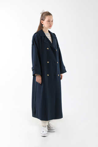 Apolet Detaylı Uzun Trenç Lacivert - 9