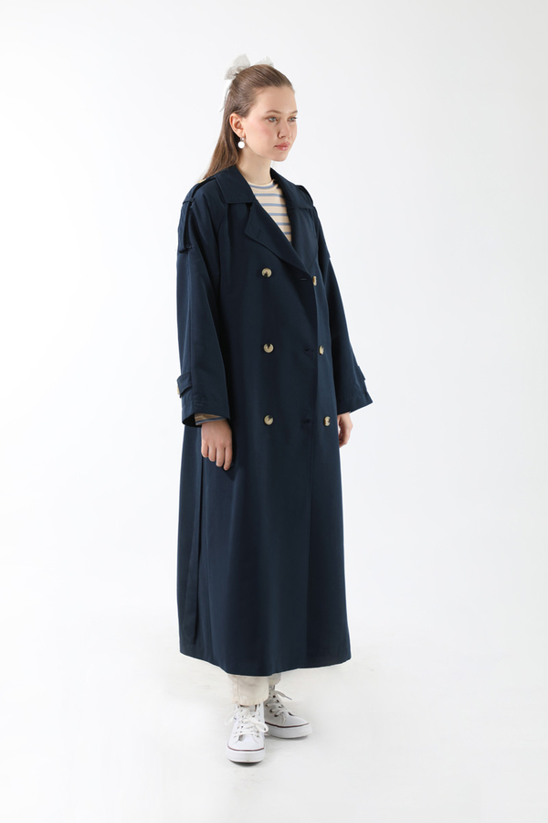 Apolet Detaylı Uzun Trenç Lacivert - 9