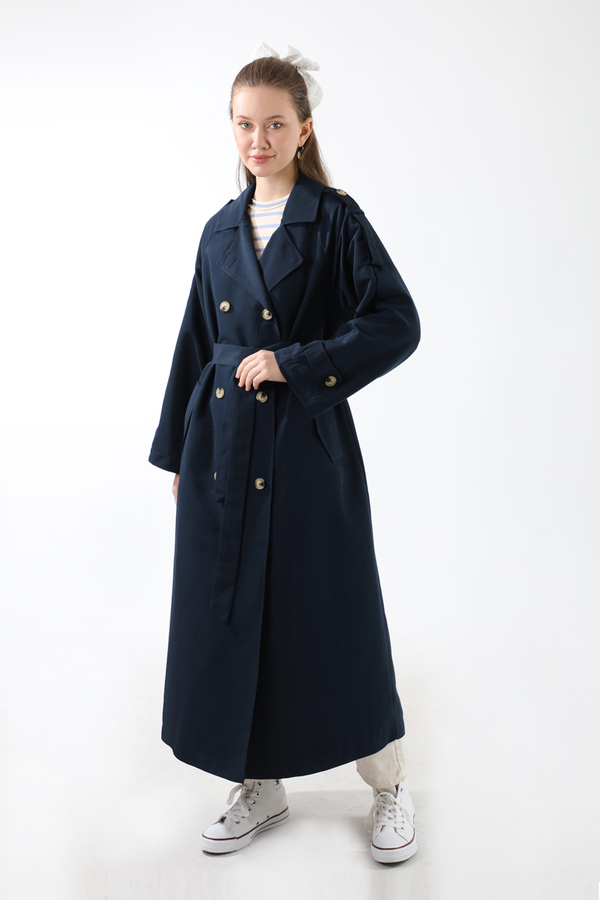 Apolet Detaylı Uzun Trenç Lacivert - 4