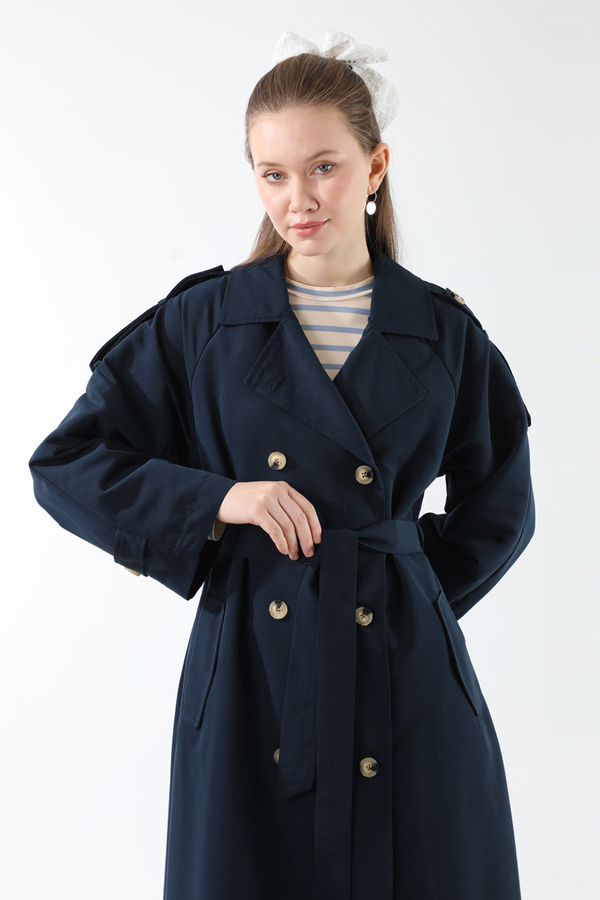 Apolet Detaylı Uzun Trenç Lacivert - 3