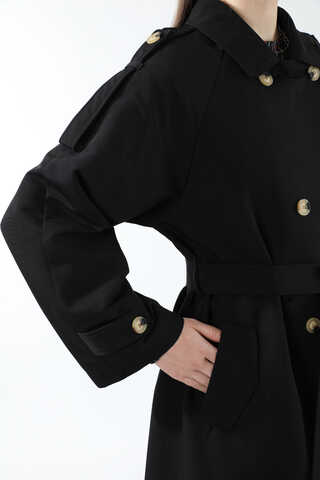 Apolet Detaylı Uzun Trenç Siyah - 4