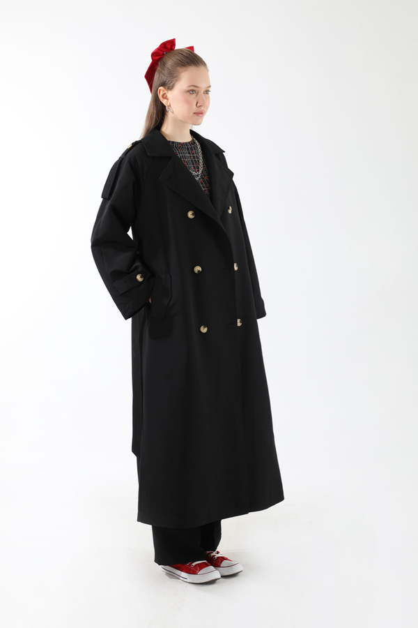 Apolet Detaylı Uzun Trenç Siyah - 8