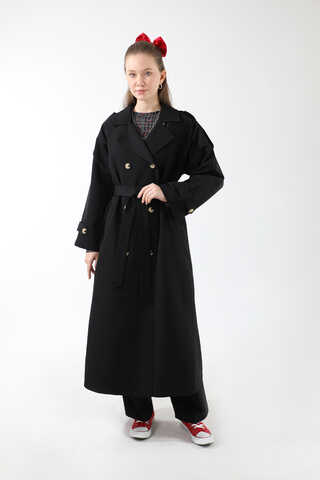 Apolet Detaylı Uzun Trenç Siyah - 10