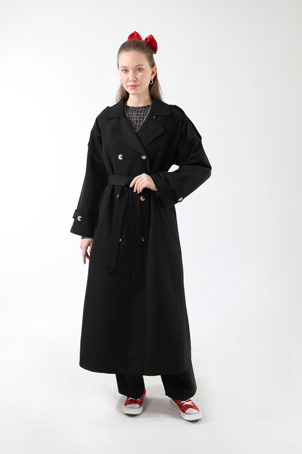 Apolet Detaylı Uzun Trenç Siyah - 10