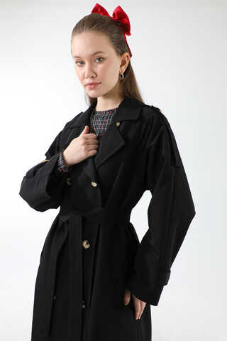 Apolet Detaylı Uzun Trenç Siyah - 2