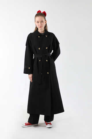 Apolet Detaylı Uzun Trenç Siyah - 5