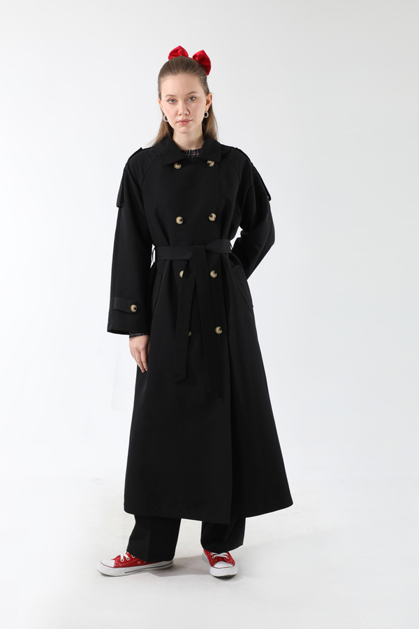 Apolet Detaylı Uzun Trenç Siyah - 5