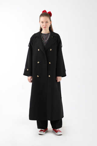 Apolet Detaylı Uzun Trenç Siyah - 6