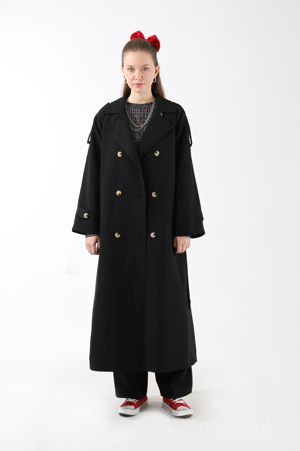 Apolet Detaylı Uzun Trenç Siyah - 6