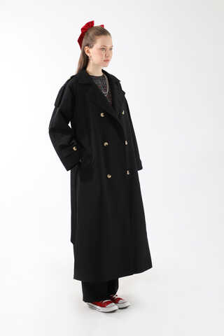 Apolet Detaylı Uzun Trenç Siyah - 8