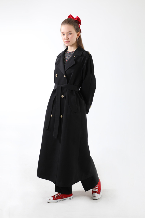 Apolet Detaylı Uzun Trenç Siyah - 1