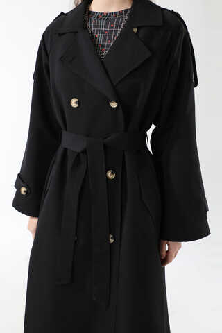 Apolet Detaylı Uzun Trenç Siyah - 11