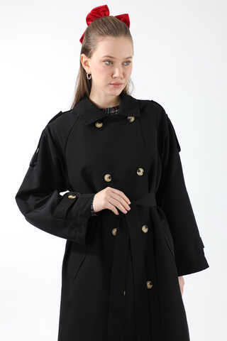 Apolet Detaylı Uzun Trenç Siyah - 3