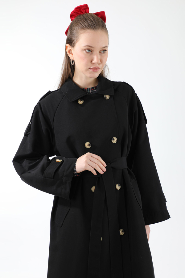 Apolet Detaylı Uzun Trenç Siyah - 3