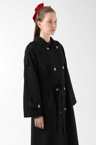 Apolet Detaylı Uzun Trenç Siyah - 7