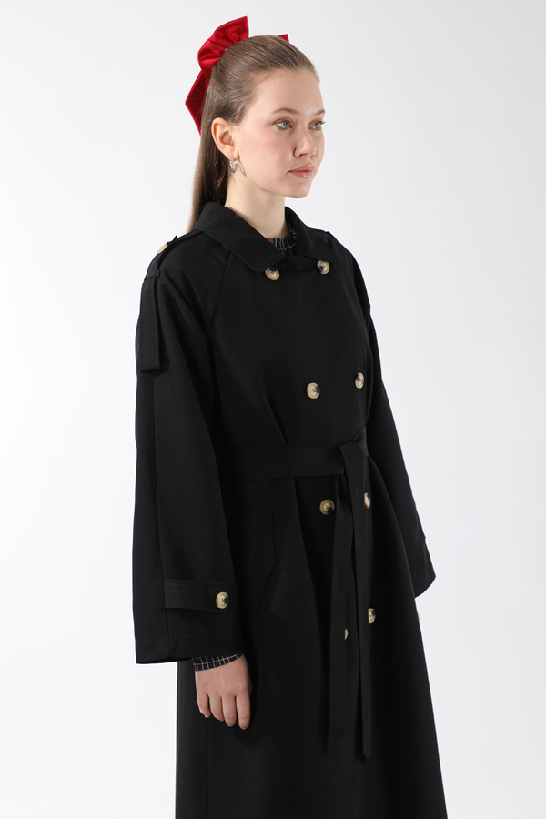 Apolet Detaylı Uzun Trenç Siyah - 7