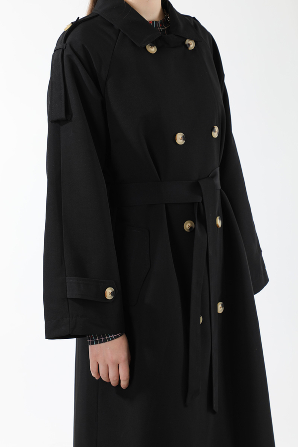 Apolet Detaylı Uzun Trenç Siyah - 9