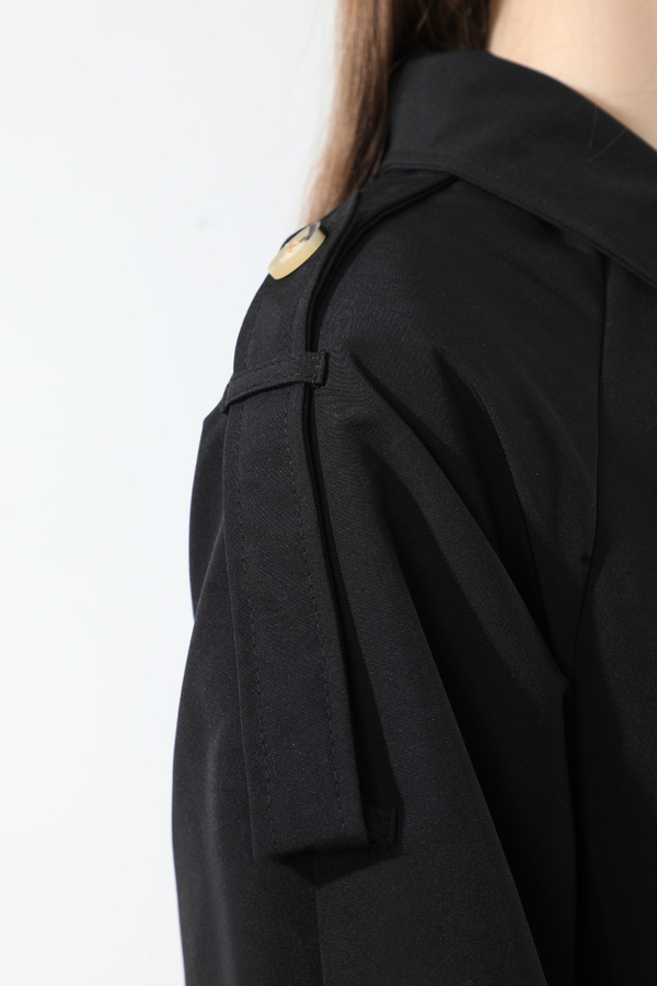 Apolet Detaylı Uzun Trenç Siyah - 13