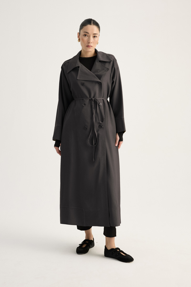 Apoletli Kruvaze Trençkot Füme