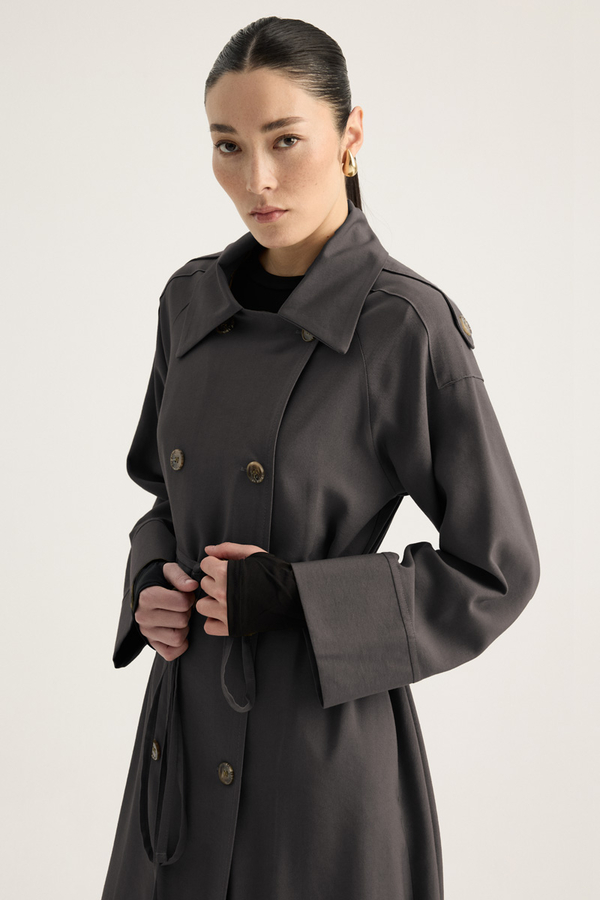 Apoletli Kruvaze Trençkot Füme - 5