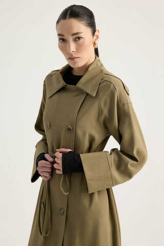 Apoletli Kruvaze Trençkot Haki - 7