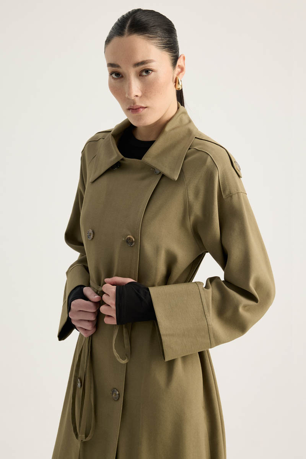 Apoletli Kruvaze Trençkot Haki - 7