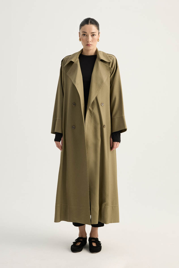 Apoletli Kruvaze Trençkot Haki - 9