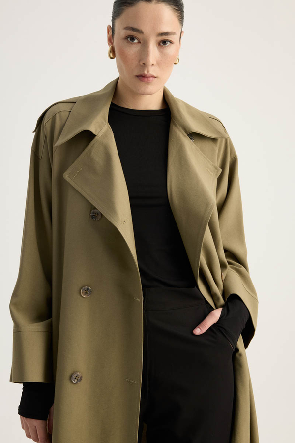 Apoletli Kruvaze Trençkot Haki - 10