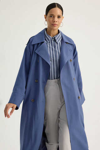 Apoletli Kruvaze Trençkot İndigo - 8