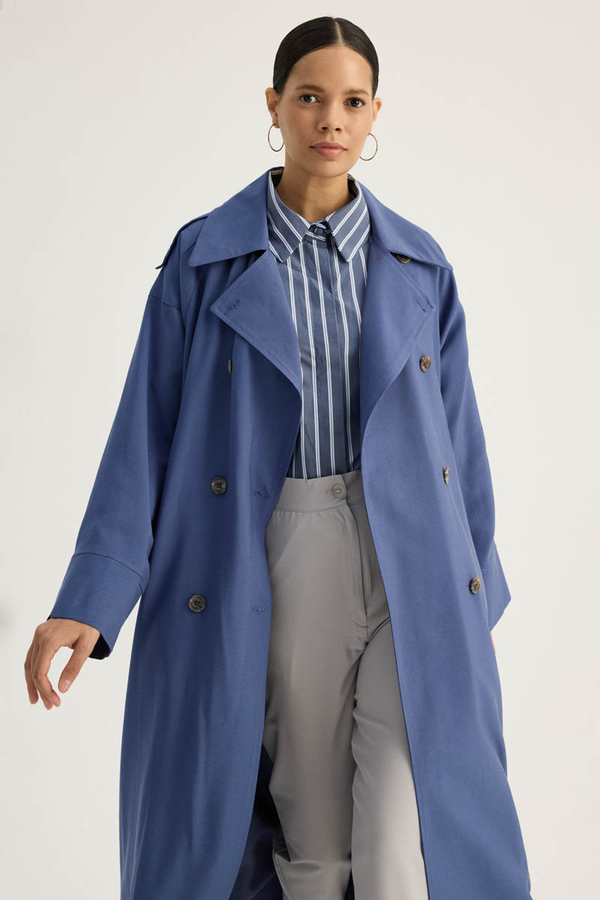 Apoletli Kruvaze Trençkot İndigo - 8