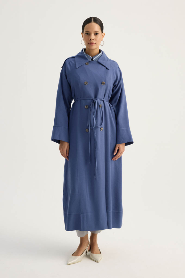 Apoletli Kruvaze Trençkot İndigo - 5