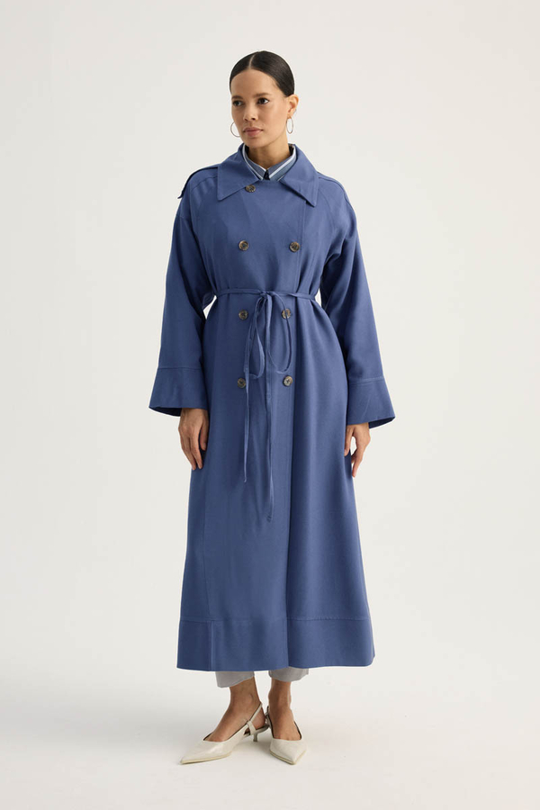 Apoletli Kruvaze Trençkot İndigo - 3