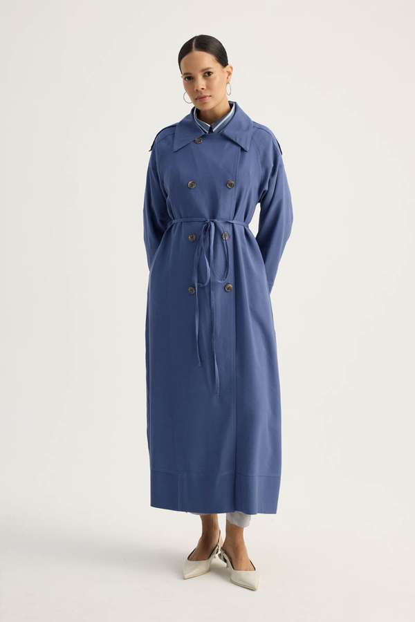 Apoletli Kruvaze Trençkot İndigo - 7