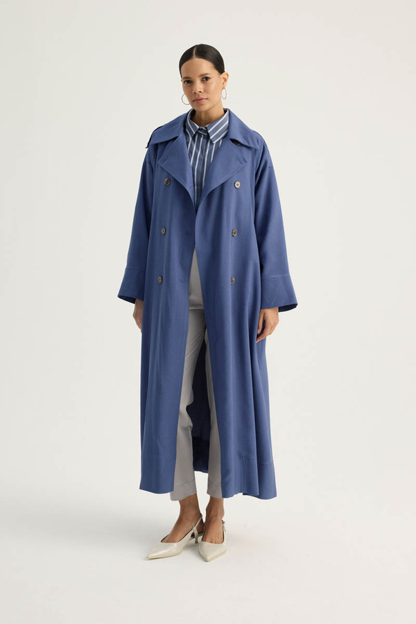 Apoletli Kruvaze Trençkot İndigo - 12