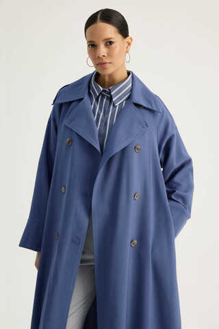 Apoletli Kruvaze Trençkot İndigo - 2