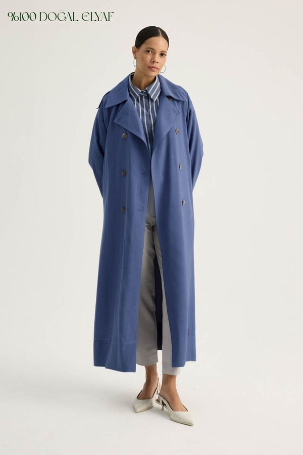 Apoletli Kruvaze Trençkot İndigo 