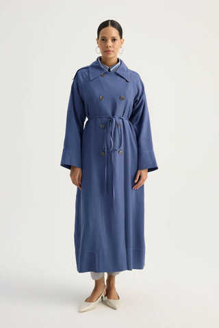 Apoletli Kruvaze Trençkot İndigo - 5