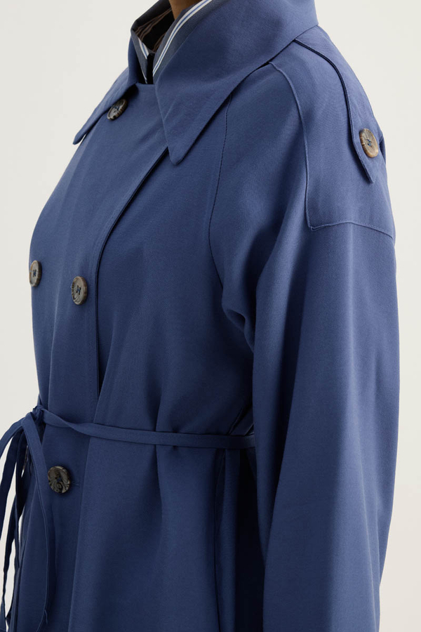 Apoletli Kruvaze Trençkot İndigo - 11