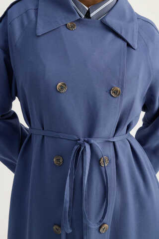 Apoletli Kruvaze Trençkot İndigo - 4