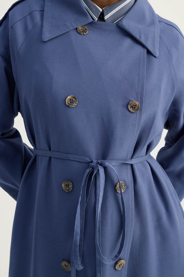 Apoletli Kruvaze Trençkot İndigo - 4