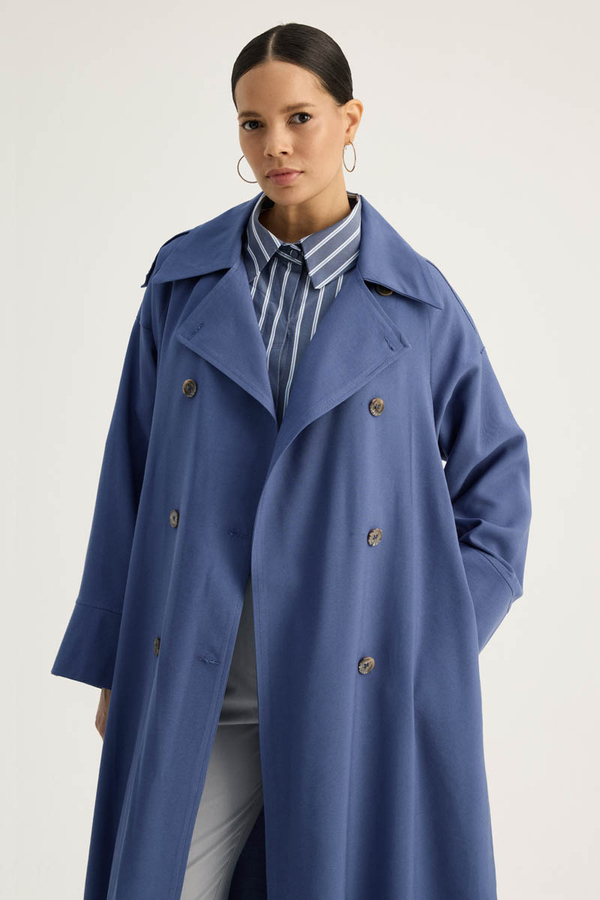 Apoletli Kruvaze Trençkot İndigo - 2