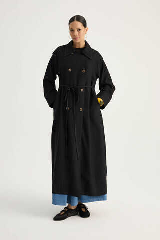 Apoletli Kruvaze Trençkot Siyah - 3