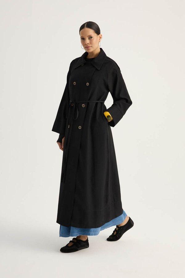 Apoletli Kruvaze Trençkot Siyah - 4