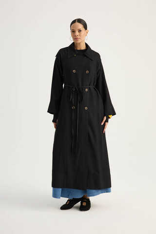 Apoletli Kruvaze Trençkot Siyah - 5